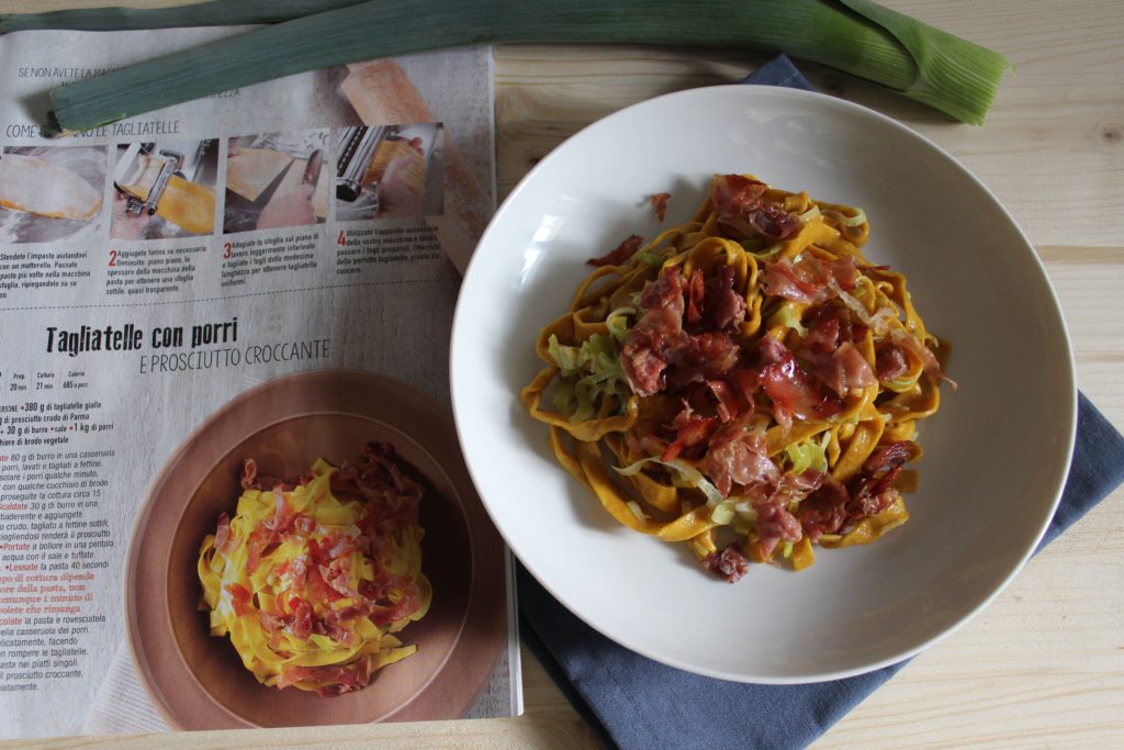 tagliatelle fatte in casa con porri e prosciutto