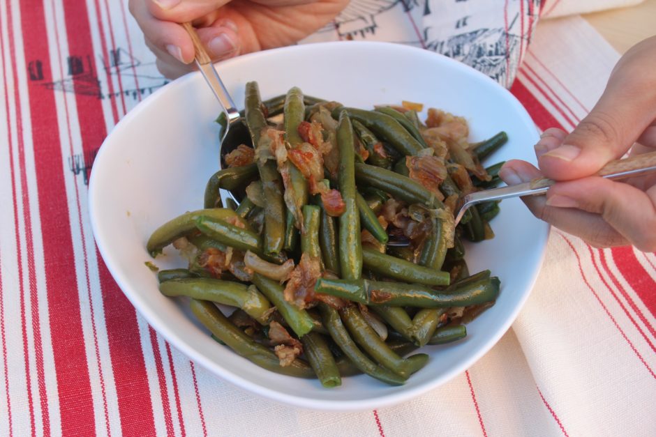 insalata di fagiolini con bacon e scalogno